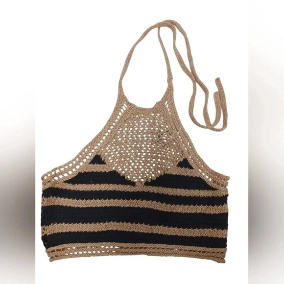 Love Knits NWT Crochet Crop Tan and Black Top Size Small - Picture 5 of 7